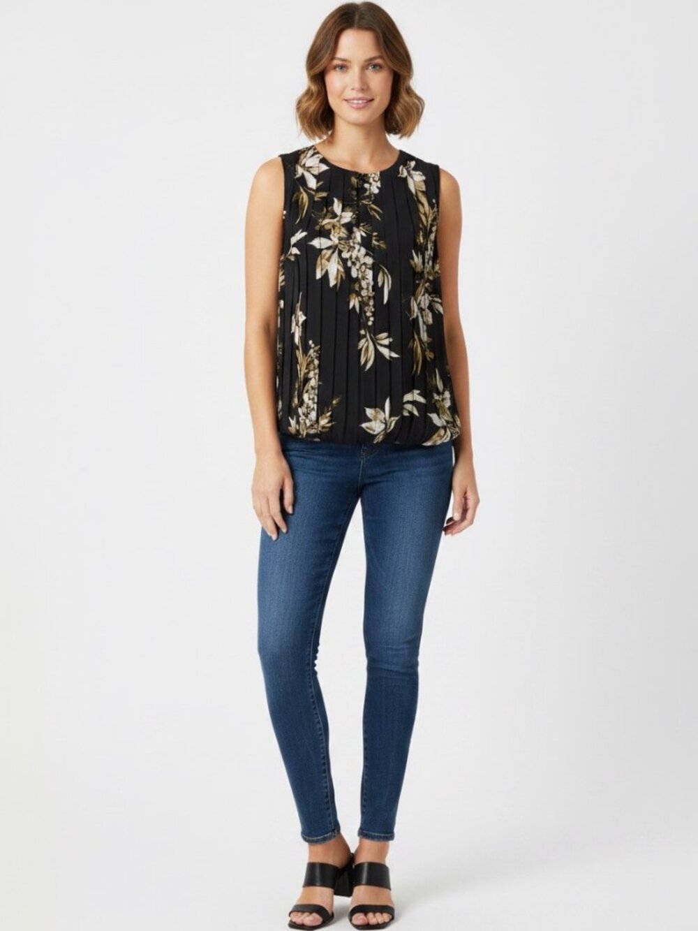 Calvin Klein Floral Pleated Sleeveless Blouse | Size Medium